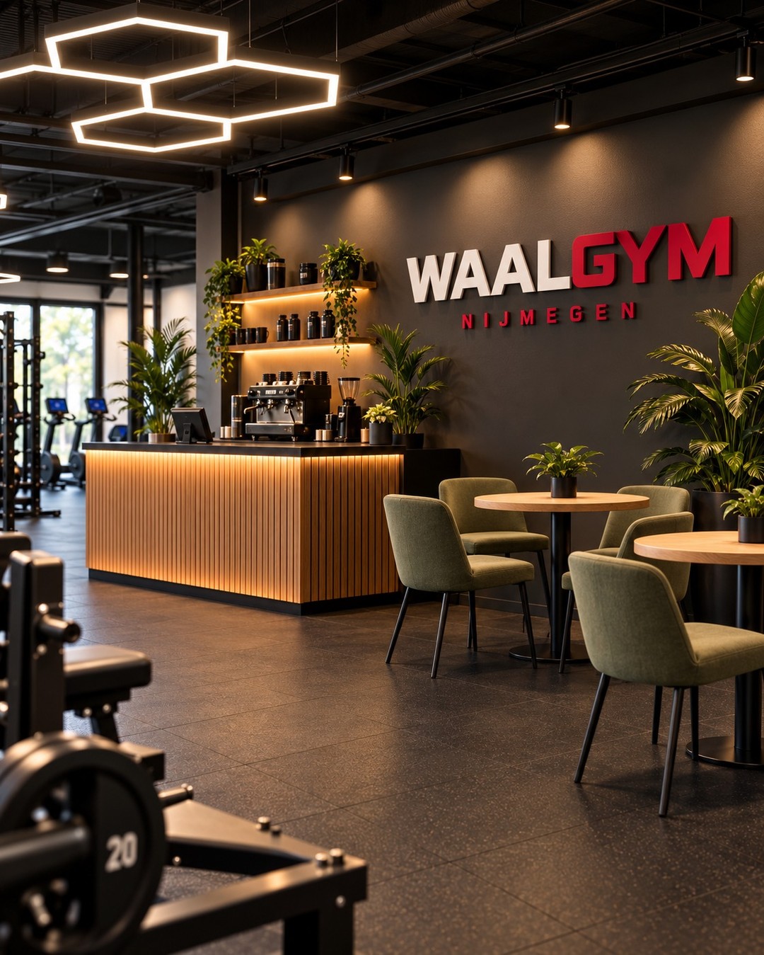 Sfeerimpressie van een warme gymlounge met koffiebar, planten en het WaalGym-logo op de muur